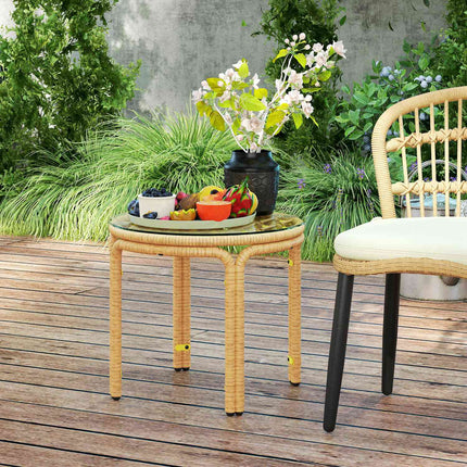 Bijzettafel van polyrotan, ronde salontafel met glazen tafelblad, nachtkastje, tuintafel, tuinmeubelen, salontafel, salontafel voor woonkamer, tuin, terras, balkon, Ø50 cm, geel