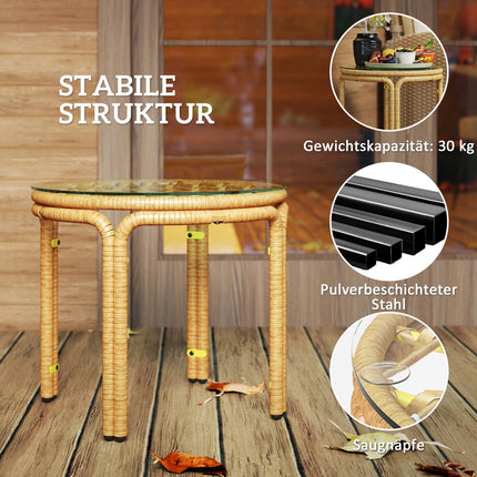 Bijzettafel van polyrotan, ronde salontafel met glazen tafelblad, nachtkastje, tuintafel, tuinmeubelen, salontafel, salontafel voor woonkamer, tuin, terras, balkon, Ø50 cm, geel