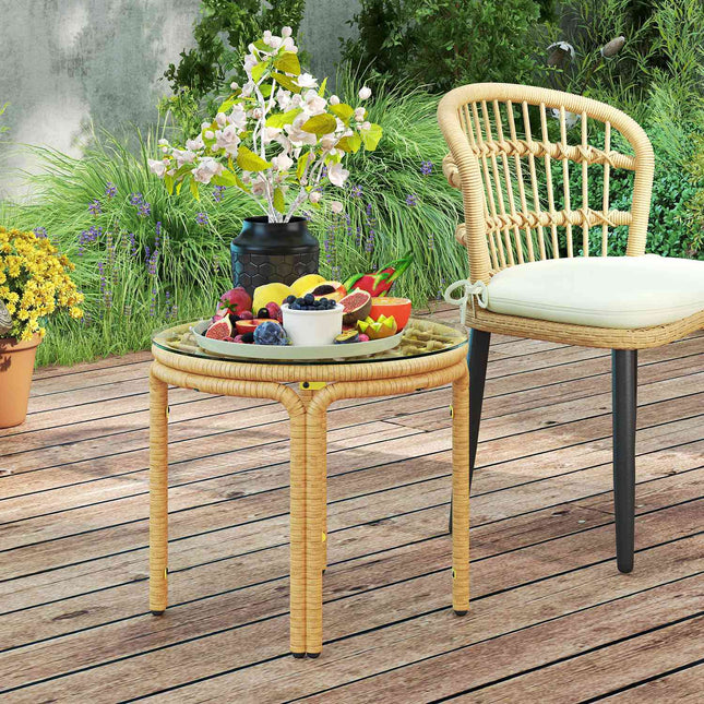 Runder Beistelltisch aus Polyrattan, Glasplatte, Ø50 cm, Gelb