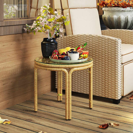 Bijzettafel van polyrotan, ronde salontafel met glazen tafelblad, nachtkastje, tuintafel, tuinmeubelen, salontafel, salontafel voor woonkamer, tuin, terras, balkon, Ø50 cm, geel
