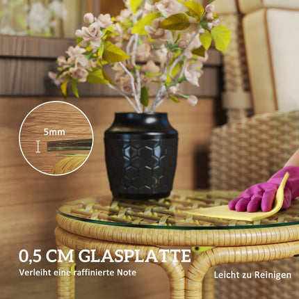 Bijzettafel van polyrotan, ronde salontafel met glazen tafelblad, nachtkastje, tuintafel, tuinmeubelen, salontafel, salontafel voor woonkamer, tuin, terras, balkon, Ø50 cm, geel