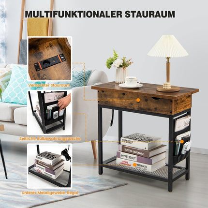 Beistelltisch mit Ladestation, schmaler Couchtisch, 60 x 30 x 58,5 cm, braun