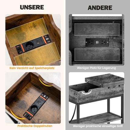 Beistelltisch mit Ladestation, schmaler Couchtisch, 60 x 30 x 58,5 cm, braun