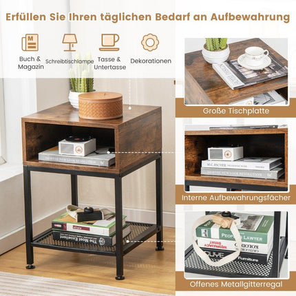 Beistelltisch mit Ablagefach und Gitterablage Nachttisch mit Metallgestell 40 x 40 x 57,5 cm