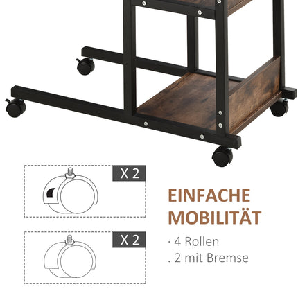 Verstellbarer Couchtisch aus schwarzem Metall mit Rollen und 2 Ablagen