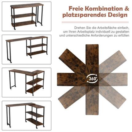 Beistelltisch Holz Couchtisch L-Form Tischplatte 360° Drehbar 3 Ebenen Wohnzimmertisch Vintage 101 x 82,5 x 72,5 cm