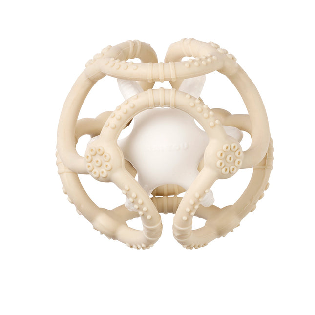 Silikon-Beißring- und Rassel-Set mit 2 Bällen, Beige und Weiß
