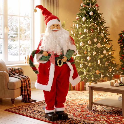Singing Santa Figure 120 cm with Garland and Gift Sack, Sound Activated, Red