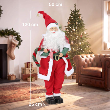 Singing Santa Figure 120 cm with Garland and Gift Sack, Sound Activated, Red