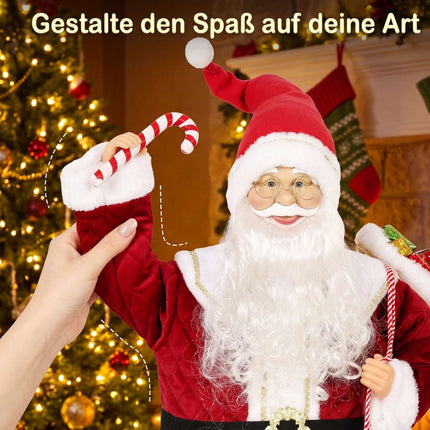 Singing Santa Figure 120 cm with Turning Head and Candy Cane, Gift Sack, Red