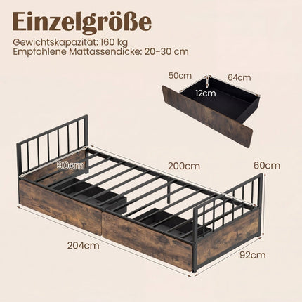 Einzelbettgestell mit 2 Schubladen, Kopfteil, Fußteil