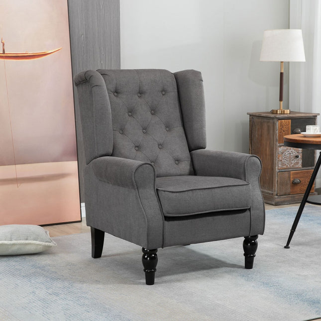 Ohrensessel, dunkelgraues Polyester, Holzbeine