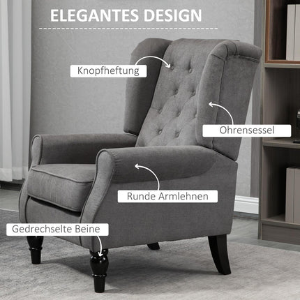 Ohrensessel, dunkelgraues Polyester, Holzbeine