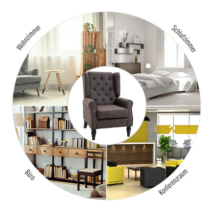 Brown polyester lounge chair, tufted, 76x86x108 cm