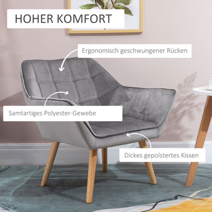Samtartiger grauer skandinavischer Sessel, erhöhte Beine, 64 x 62 x 72,5 cm