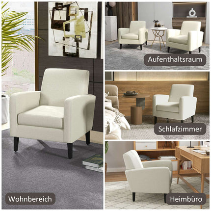 Cremeweißer Sessel in Leinenoptik, gepolstert, Holzbeine