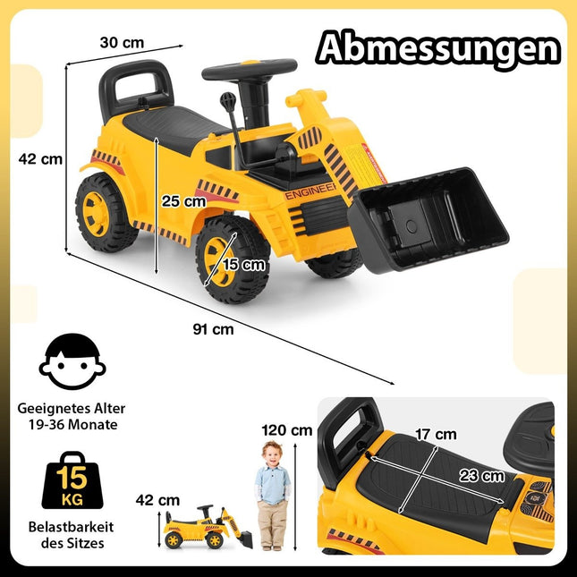 Sit-on excavator with adjustable shovel and storage space under the seat, seated excavator, children's excavator