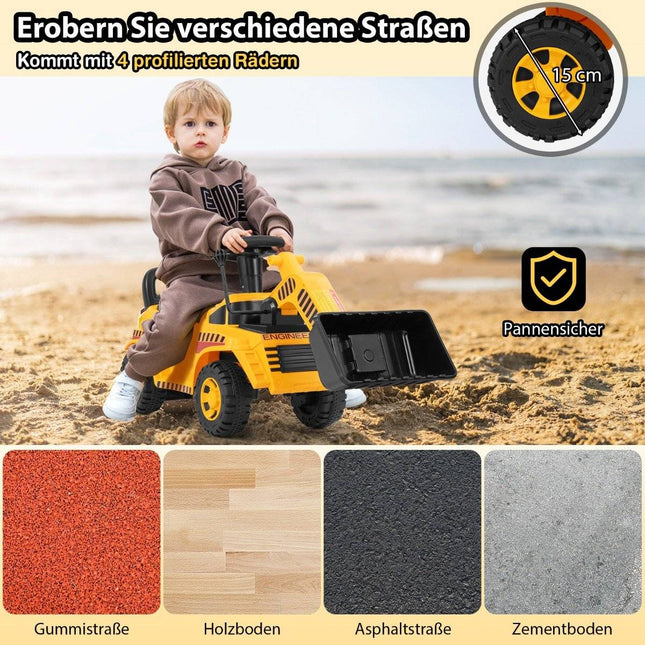 Sit-on excavator with adjustable shovel and storage space under the seat, seated excavator, children's excavator