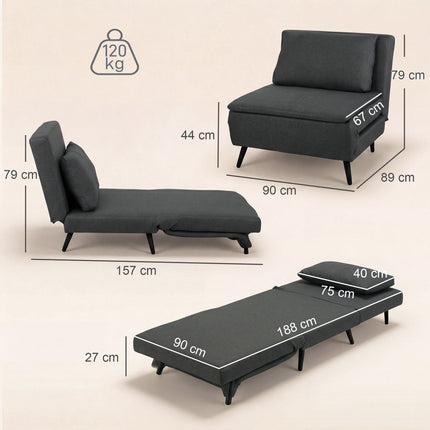 Schlafsessel, 3-in-1 ausklappbar, Leinenoptik, Dunkelgrau
