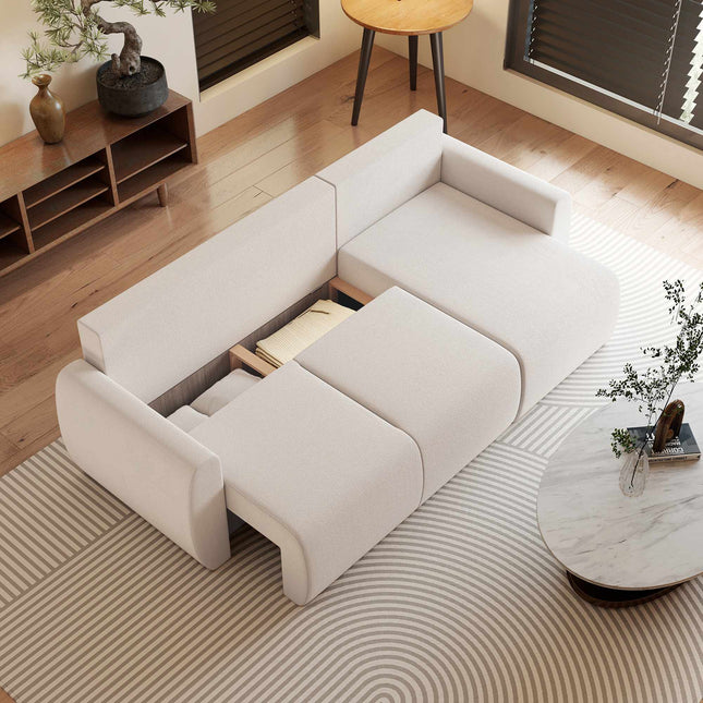 Schlafsofa, umbaubarer Recamiere, Stauraum, Cremefarbener Samt