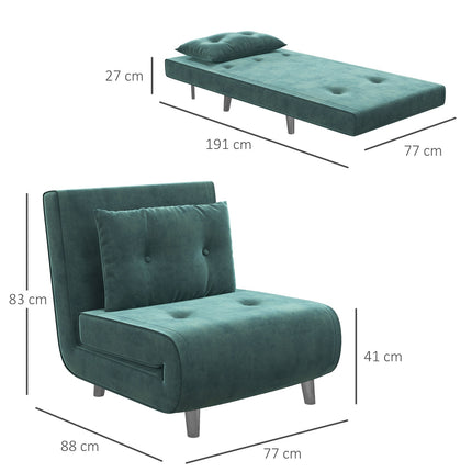 Klappbares Sofa Sesselbett mit Kissen, Samtoptik, grün