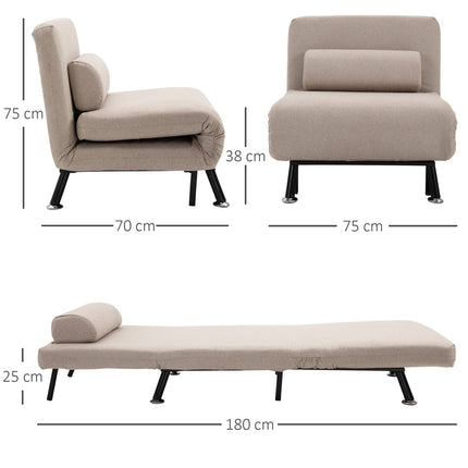 Fauteuil de couchage, fauteuil pliant avec fonction lit, coussin de dossier, fauteuil de relaxation pliant aspect lin, dossier réglable, capacité de charge jusqu'à 150 kg, pour salon, beige