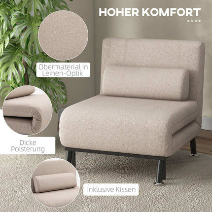 Fauteuil de couchage, fauteuil pliant avec fonction lit, coussin de dossier, fauteuil de relaxation pliant aspect lin, dossier réglable, capacité de charge jusqu'à 150 kg, pour salon, beige