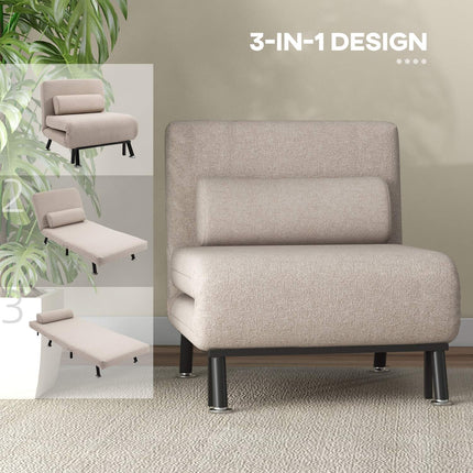 Fauteuil de couchage, fauteuil pliant avec fonction lit, coussin de dossier, fauteuil de relaxation pliant aspect lin, dossier réglable, capacité de charge jusqu'à 150 kg, pour salon, beige