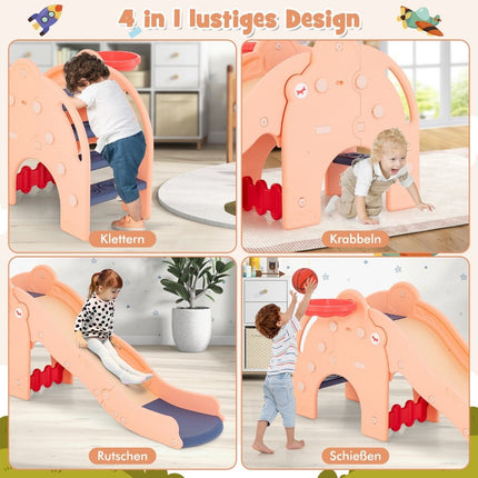 Toboggan d'extérieur 4 en 1 pour enfants, toboggan, tunnel, panier de basket et échelle, 187,5 x 75 x 77,5 cm, rose