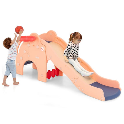 Toboggan d'extérieur 4 en 1 pour enfants, toboggan, tunnel, panier de basket et échelle, 187,5 x 75 x 77,5 cm, rose