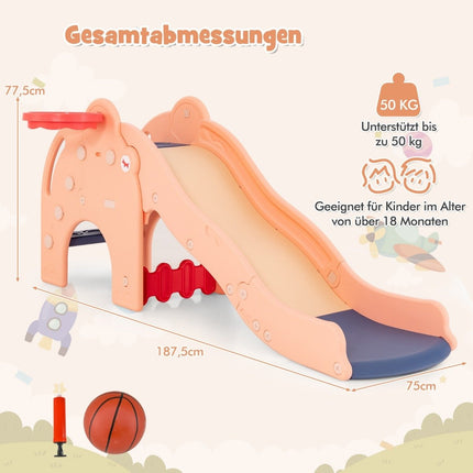 Toboggan d'extérieur 4 en 1 pour enfants, toboggan, tunnel, panier de basket et échelle, 187,5 x 75 x 77,5 cm, rose