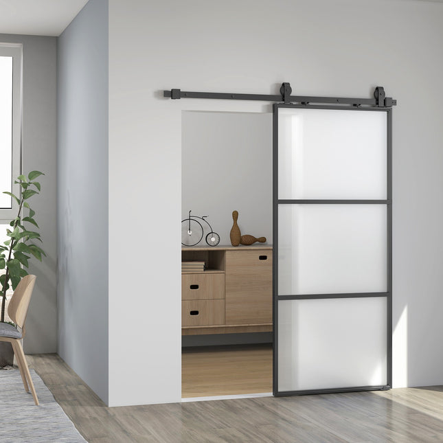 Schiebetür-Komplettset mit Milchglas, Soft-Close, schwarzer Stahl