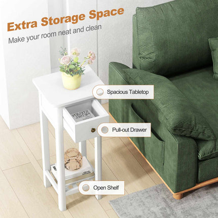 Slim 2-Tier Nightstand with Drawer and Shelf, White