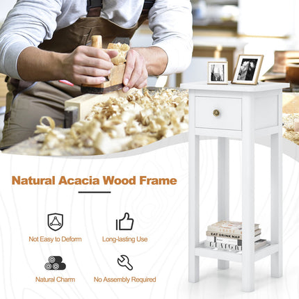 Slim 2-Tier Nightstand with Drawer and Shelf, White