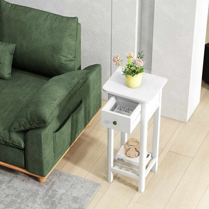 Slim 2-Tier Nightstand with Drawer and Shelf, White