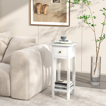 Slim 2-Tier Nightstand with Drawer and Shelf, White