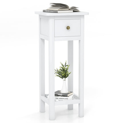 Slim 2-Tier Nightstand with Drawer and Shelf, White