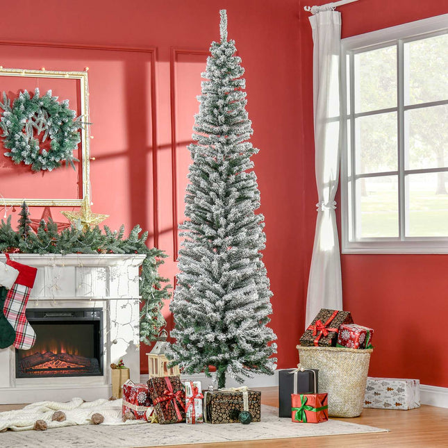 Schlanker künstlicher Weihnachtsbaum mit Schneebeschichtung, 225 cm