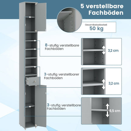 Schlanker Badezimmerschrank, 2 Türen, 1 Schublade, verstellbare Einlegeböden
