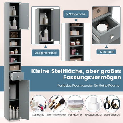 Schlanker Badezimmerschrank, 2 Türen, 1 Schublade, verstellbare Einlegeböden