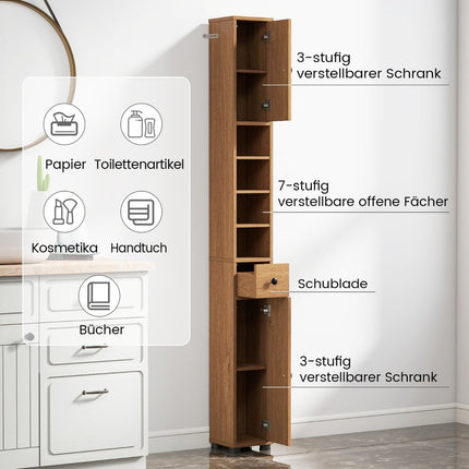 Schlanker Badezimmerschrank mit 2 Türen, Schublade und verstellbaren Einlegeböden