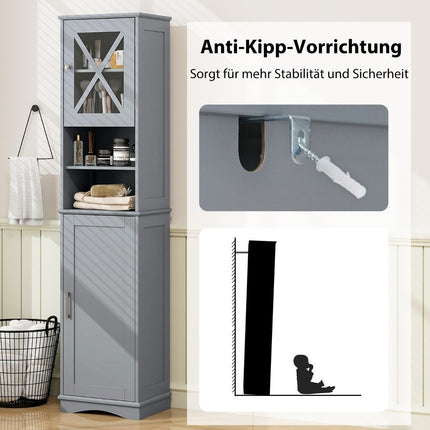 Schmaler Badezimmerschrank mit 5 verstellbaren Regalen und 2 Türen, freistehender Hochschrank, Grau