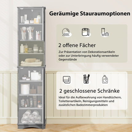 Schmaler Badezimmerschrank mit 5 verstellbaren Regalen und 2 Türen, freistehender Hochschrank, Grau