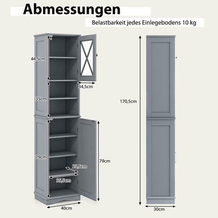 Schmaler Badezimmerschrank mit 5 verstellbaren Regalen und 2 Türen, freistehender Hochschrank, Grau