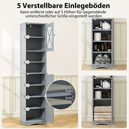Schmaler Badezimmerschrank mit 5 verstellbaren Regalen und 2 Türen, freistehender Hochschrank, Grau