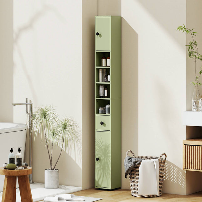 Schlanker Badezimmerschrank mit Schublade, 4 Ablagen, Grün, 20x20x180 cm