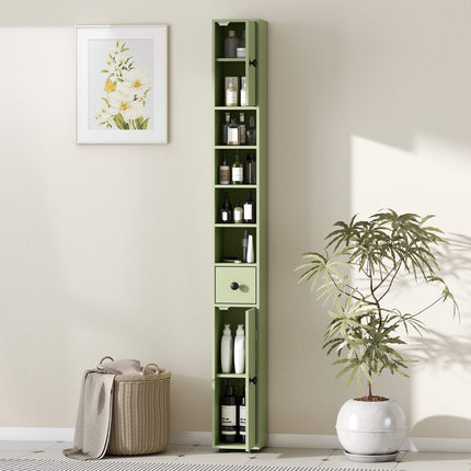 Slanke badkamerkast met lade, 4 planken, groen, 20x20x180 cm