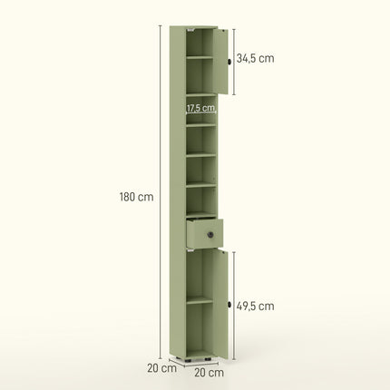 Slanke badkamerkast met lade, 4 planken, groen, 20x20x180 cm
