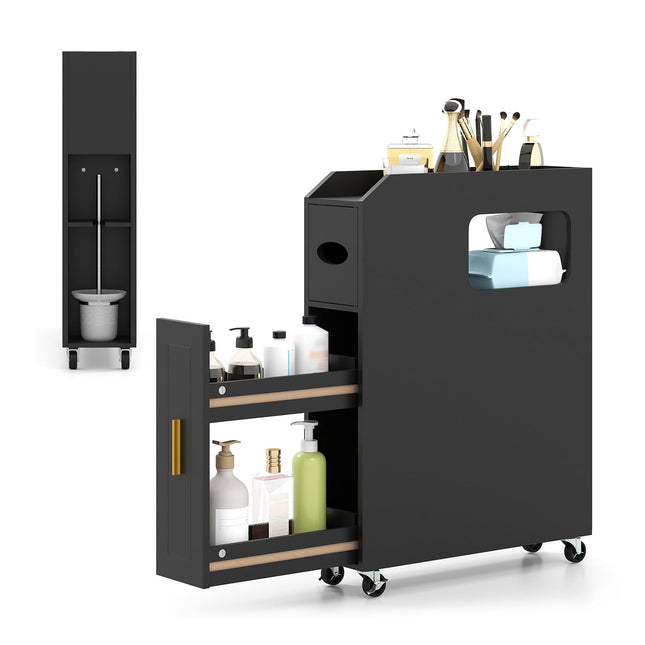 Schmaler Badezimmerschrank mit Schublade und Kosmetiktuchbox, Schwarz