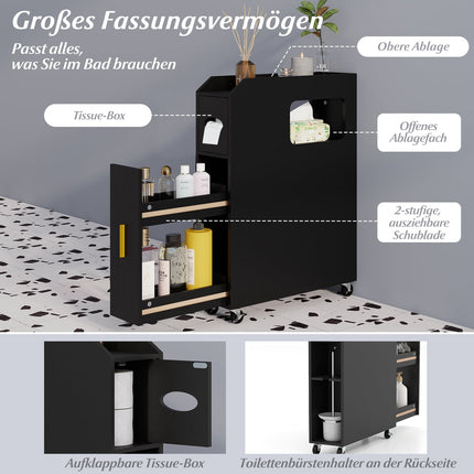 Schmaler Badezimmerschrank mit Schublade und Kosmetiktuchbox, Schwarz